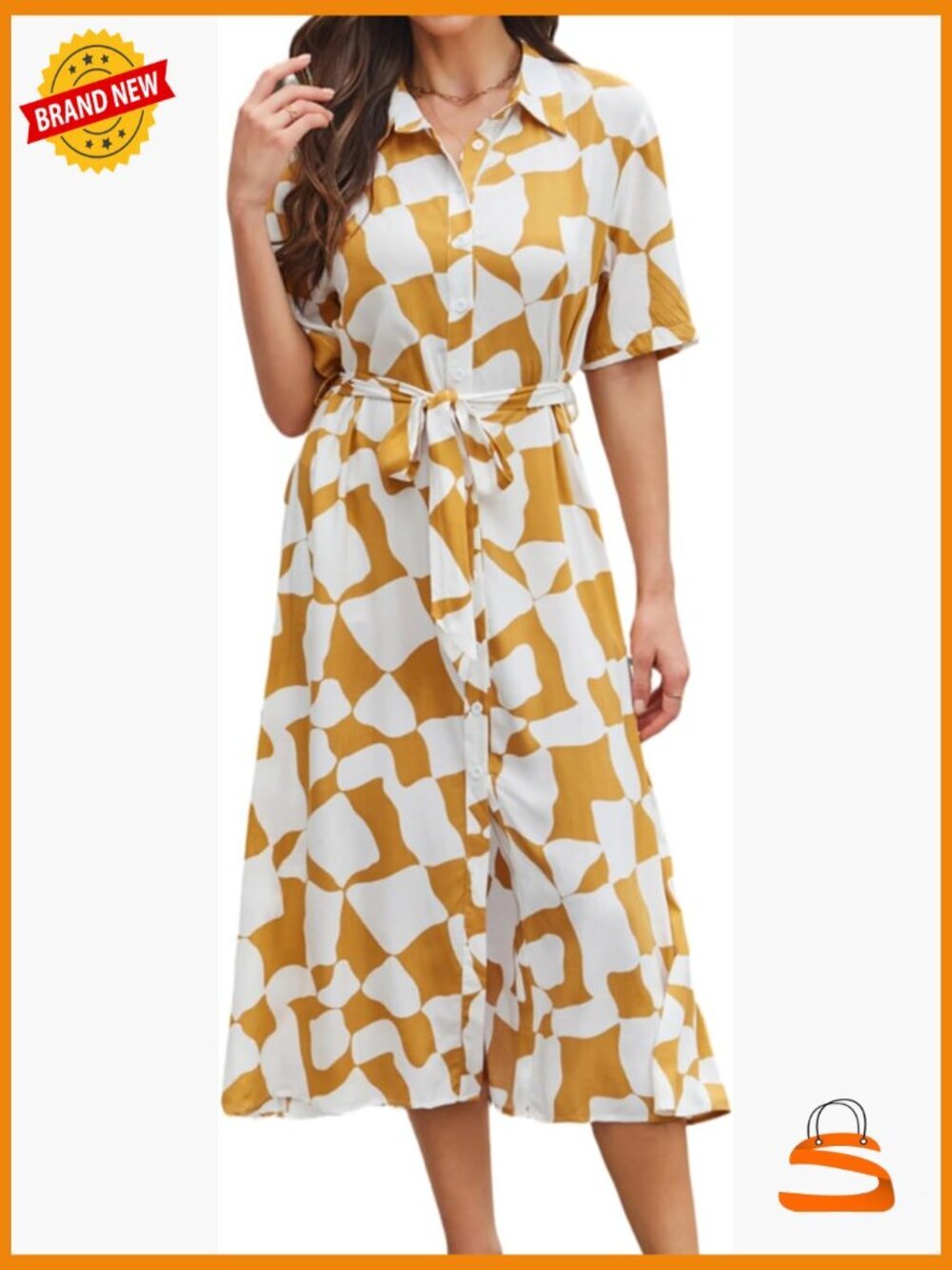 2026 Summer Work Dress Tie Waist Button Down A-Line Midi Shirt Dress